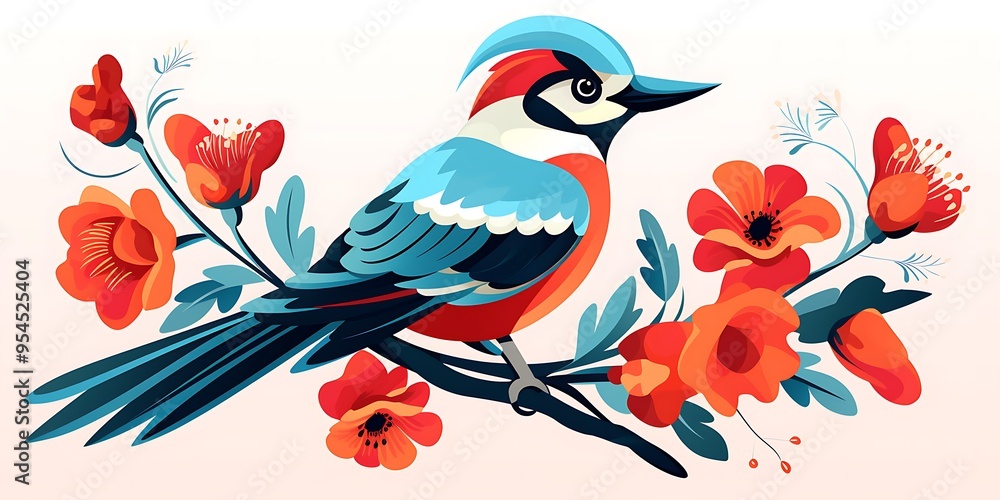 A colorful Woodpecker with flowers painted on it, a simple flat illustration in white background,This whimsical children's book illustration has a folk-inspired style and clean. A colorful Woodpecker with flowers painted on it, a simple flat illustration in white background,This whimsical children's book illustration has a folk-inspired style and clean.