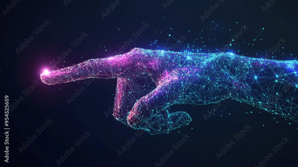 An abstract digital hand pointing, depicted with forefinger in polygons and lines. This vector low poly wireframe illustration emphasizes a modern, geometric approach. An abstract digital hand pointing, depicted with forefinger in polygons and lines. This vector low poly wireframe illustration emphasizes a modern, geometric approach.