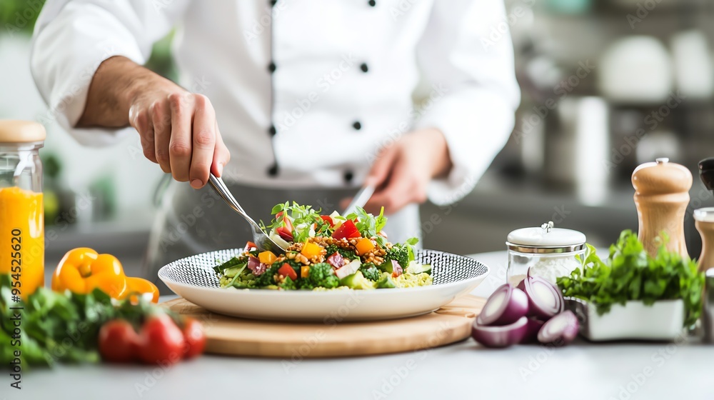 A chef prepares a colorful salad in a modern kitchen, showcasing fresh ingredients and culinary expertise. A chef prepares a colorful salad in a modern kitchen, showcasing fresh ingredients and culinary expertise.