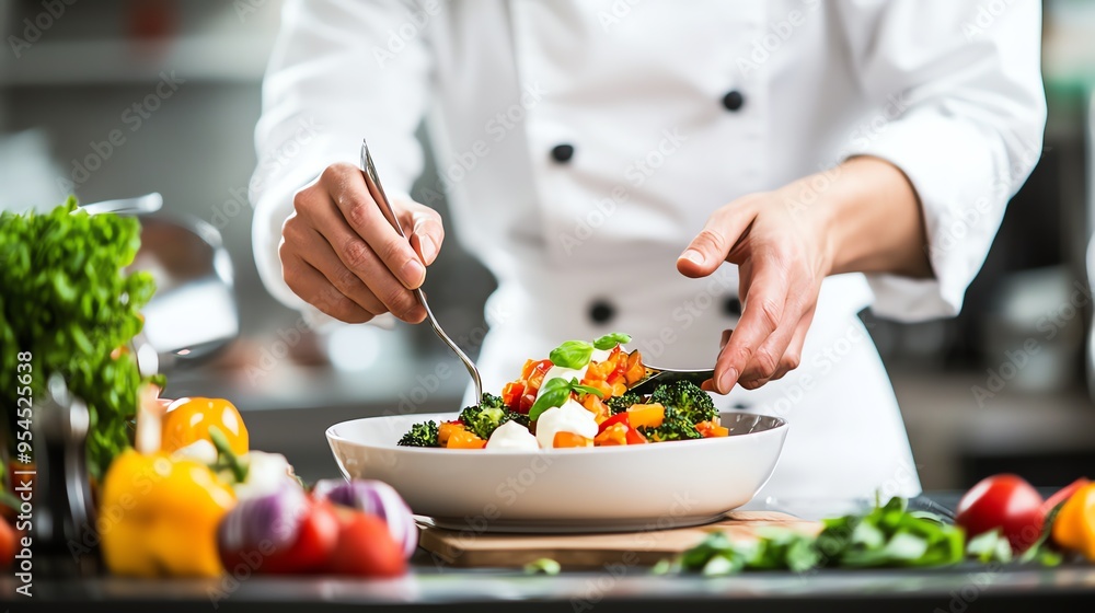 A chef expertly plating a colorful salad, showcasing fresh ingredients and culinary skill in a professional kitchen setting. A chef expertly plating a colorful salad, showcasing fresh ingredients and culinary skill in a professional kitchen setting.