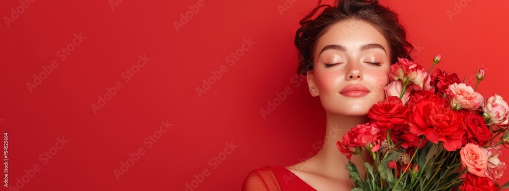 A woman in a red dress holds a bouquet of red and white flowers with her eyes closed A woman in a red dress holds a bouquet of red and white flowers with her eyes closed