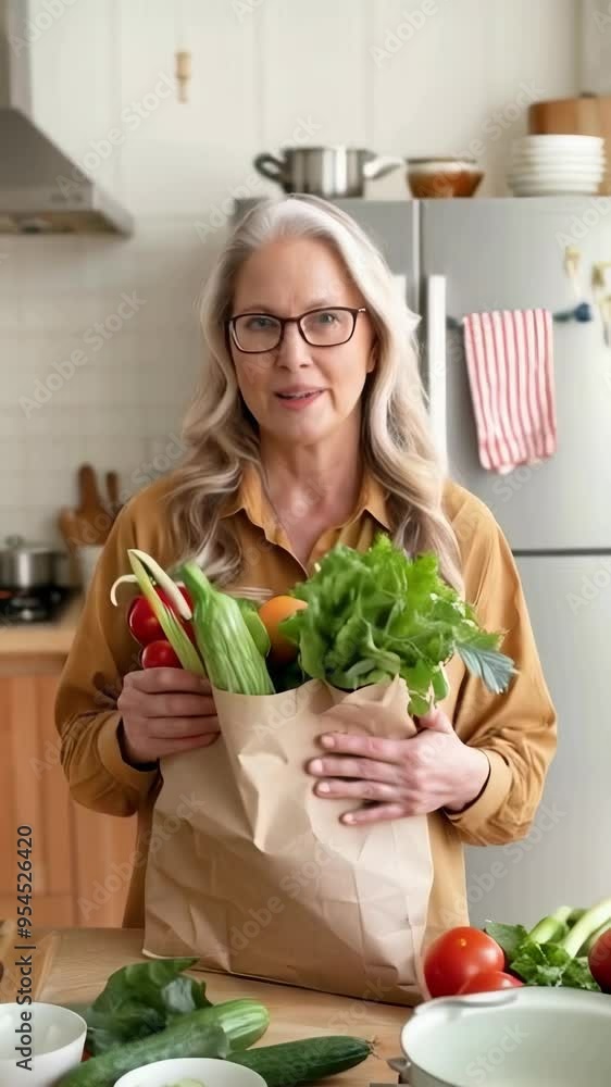 Adult blonde woman with glasses and beard holds a paper bag with vegetables in the kitchen. Adult blonde woman with glasses and beard holds a paper bag with vegetables in the kitchen.