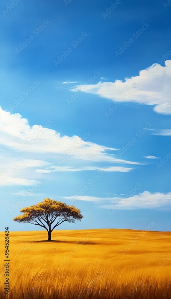A serene landscape featuring a solitary tree amidst golden grass under a bright blue sky with fluffy clouds. A serene landscape featuring a solitary tree amidst golden grass under a bright blue sky with fluffy clouds.