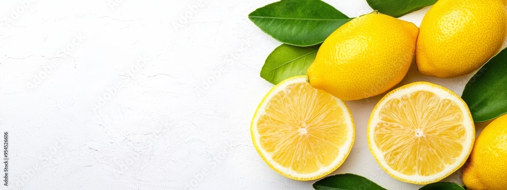 A collection of lemons atop a table, surrounded by green leaves, with a solitary slice atop the surface A collection of lemons atop a table, surrounded by green leaves, with a solitary slice atop the surface