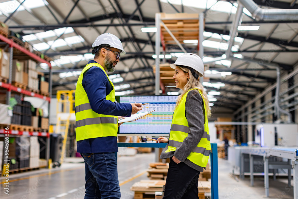 Female engineer and male project manager standing in modern industrial factory by computer, talking about production. Team management in manufacturing facility Female engineer and male project manager standing in modern industrial factory by computer, talking about production. Team management in manufacturing facility