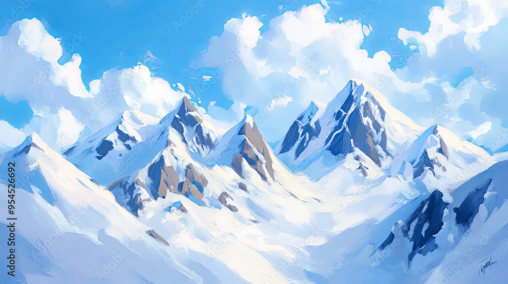 Obraz premium A stunning mountain landscape featuring snow-capped peaks and a bright blue sky dotted with fluffy clouds.