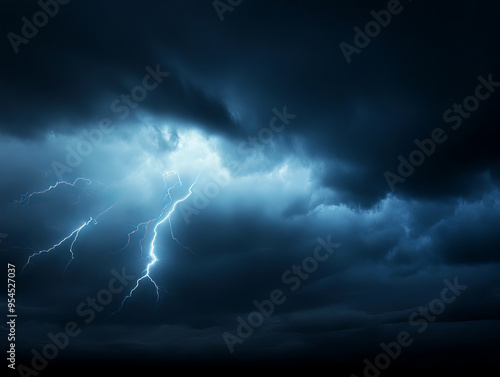 Dramatic storm scene with dark clouds illuminated by striking lightning illuminating the sky during an intense weather event.