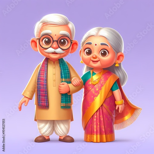 3d cartoom style of an elderly couple dressed in traditional Indian attire, on purple background  photo