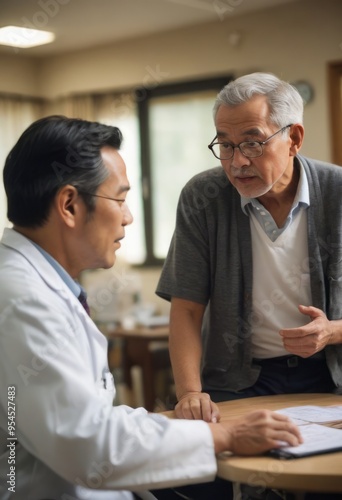 A male doctor is attentively consulting with an elderly patient in a comfortable and professional setting.