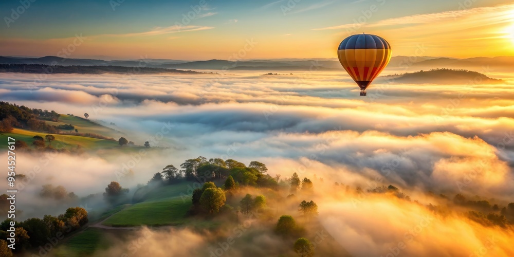 Obraz premium Hot air balloon floating above misty landscape at dawn, hot air balloon, floating, golden sky, landscape, misty, dawn