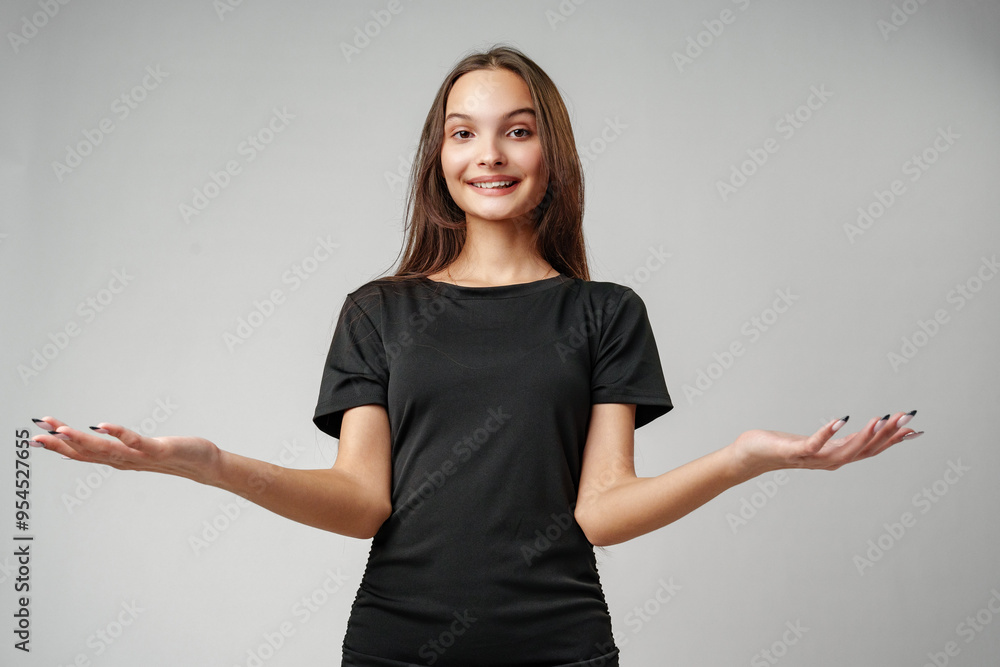 Young Woman in a Beige Blazer Gesturing With Open Palms Young Woman in a Beige Blazer Gesturing With Open Palms