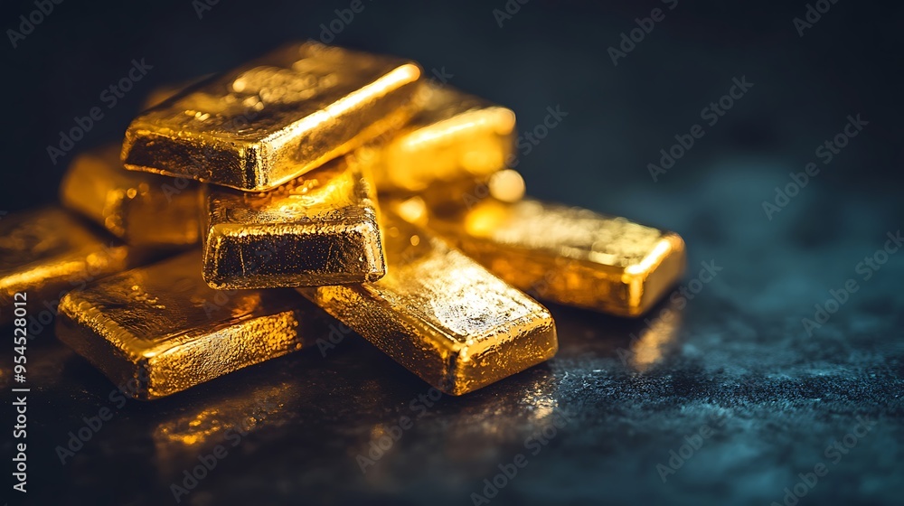 Illuminated Wealth - Dramatic High Contrast Lighting on Shiny Gold Bars with Shadowed Background, Financial Concept Angle Illuminated Wealth - Dramatic High Contrast Lighting on Shiny Gold Bars with Shadowed Background, Financial Concept Angle