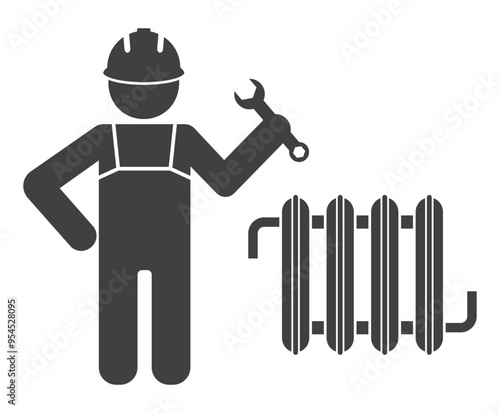 Worker plumber  with heater icon