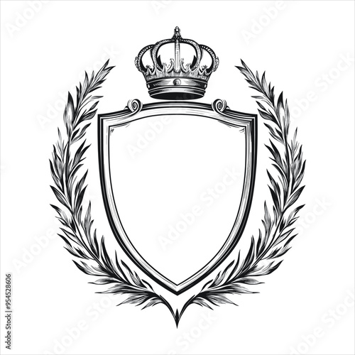 A black and white heraldic shield with a crown and laurel wreath