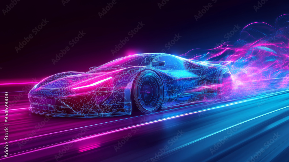 A futuristic drift car in motion, featuring neon fast lines and abstract smoke. This high-speed concept is depicted in technological blue and purple colors. The sport car is rendered using polygons. A futuristic drift car in motion, featuring neon fast lines and abstract smoke. This high-speed concept is depicted in technological blue and purple colors. The sport car is rendered using polygons.