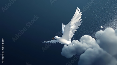 A serene white bird soaring through the clouds, symbolizing peace and freedom in a tranquil blue sky.