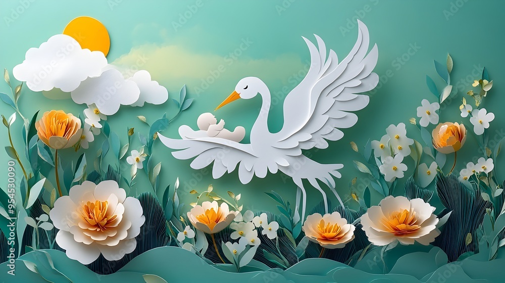 Delicate Paper Cut Art of Playful Stork Delivering Newborn Baby at Baby Shower Delicate Paper Cut Art of Playful Stork Delivering Newborn Baby at Baby Shower