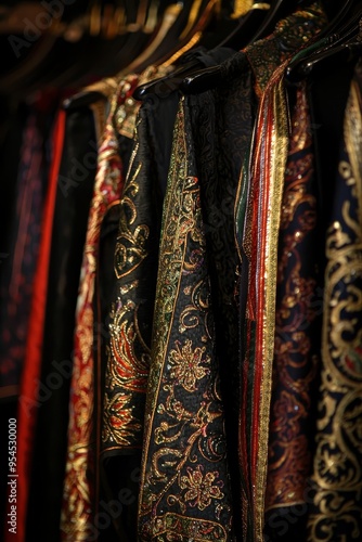 Close up of Black Velvet Fabric with Gold and Red Embroidery