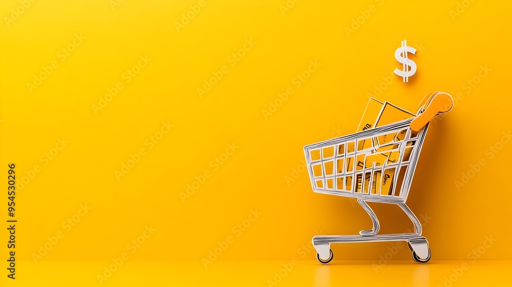 E Commerce Shopping Cart with Dollar Sign in Paper Cut Aesthetic E Commerce Shopping Cart with Dollar Sign in Paper Cut Aesthetic