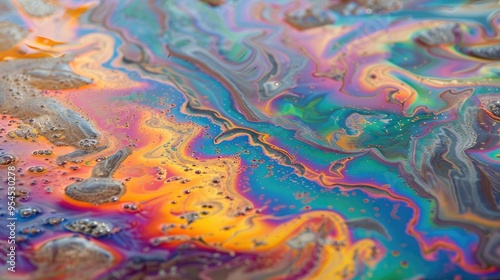 A close-up of a colorful oil spill creating a mesmerizing pattern