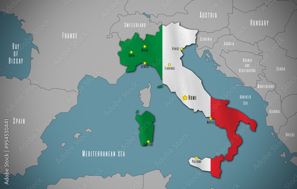 Map of Italy in the colors of national flag. Major cities are marked.