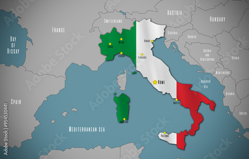 Obraz na płótnie Map of Italy in the colors of national flag. Major cities are marked. w salonie