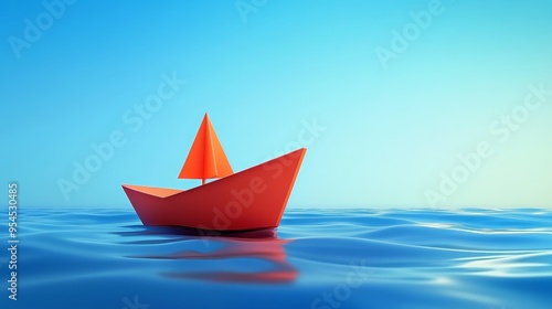 A vibrant orange sailboat sailing on calm blue waters under a clear sky, perfect for evoking a sense of adventure and tranquility.