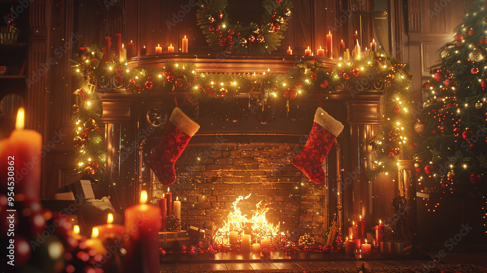 A beautifully decorated mantelpiece with garlands, candles, and stockings, above a roaring fireplace with a festive glow. A beautifully decorated mantelpiece with garlands, candles, and stockings, above a roaring fireplace with a festive glow.