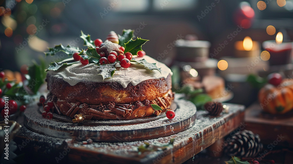A beautifully frosted Christmas cake with holly leaves, berries, and a dusting of powdered sugar, placed on a festive table. A beautifully frosted Christmas cake with holly leaves, berries, and a dusting of powdered sugar, placed on a festive table.
