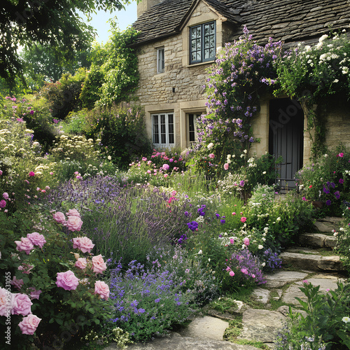 English cottage garden with seasonal flowers like lavender and roses exuding charm and tranquility