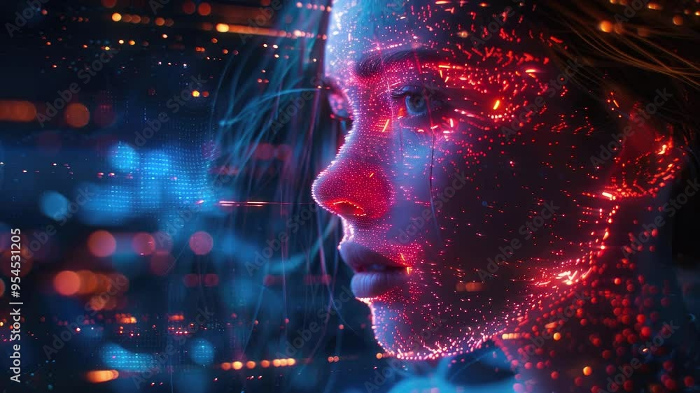 Close-up of a Woman's Face with Red and Blue Lights Close-up of a Woman's Face with Red and Blue Lights