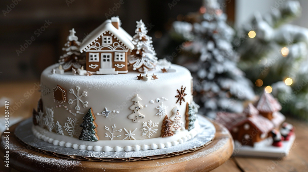 A Christmas cake featuring a snowy winter scene, with a white fondant layer, edible snowflakes, and a small gingerbread house on top. A Christmas cake featuring a snowy winter scene, with a white fondant layer, edible snowflakes, and a small gingerbread house on top.