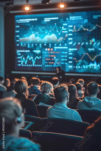 Audience in Conference Hall: Media Screen Presentation, Business & Education Concept