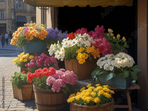 Vibrant Flower Stall Display with Colorful Blooms in Wooden Baskets on a Sunny Street