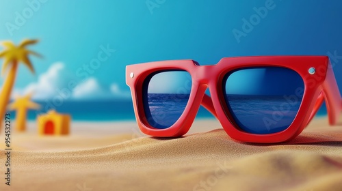 Vibrant red sunglasses resting on sandy beach with ocean view, perfect for summer vibes and holiday inspirations. photo