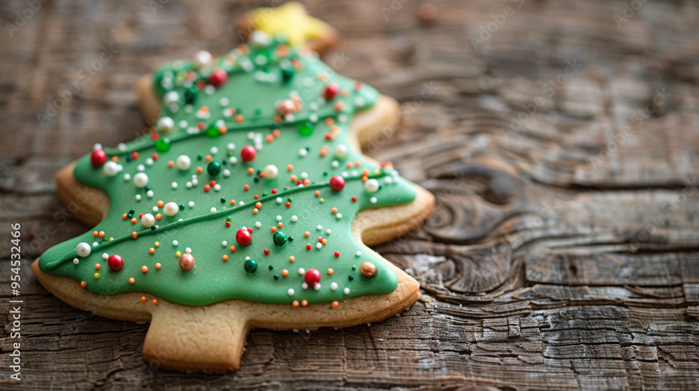 A close-up of a beautifully decorated sugar cookie shaped like a Christmas tree, with green icing and colorful sprinkles, placed on a rustic wooden surface. A close-up of a beautifully decorated sugar cookie shaped like a Christmas tree, with green icing and colorful sprinkles, placed on a rustic wooden surface.