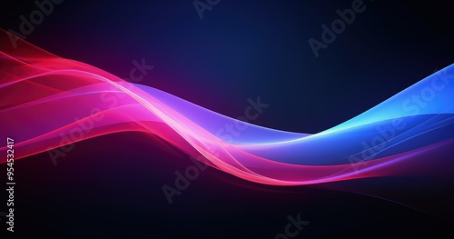 Abstract waves of pink and blue light create a dynamic and vibrant background.