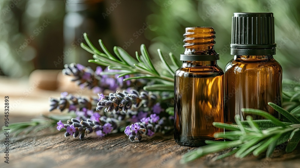 Aromatic Essential Oil Bottles with Lavender and Rosemary: Presented on a wooden table, this image features essential oil bottles with lavender and rosemary, ideal for wellness themes. Aromatic Essential Oil Bottles with Lavender and Rosemary: Presented on a wooden table, this image features essential oil bottles with lavender and rosemary, ideal for wellness themes.