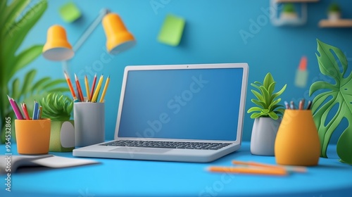 Bright workspace featuring a laptop, colorful stationery, and vibrant plants, ideal for creativity and productivity. photo