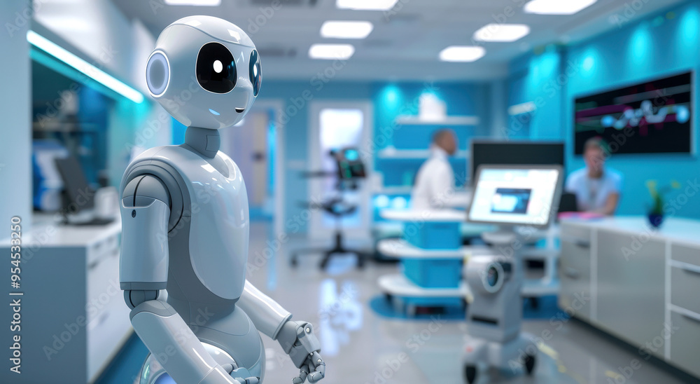 A robot volunteering a modern hospital, surrounded by doctors working. The setting is bright and high-tech, representing medical innovation. A robot volunteering a modern hospital, surrounded by doctors working. The setting is bright and high-tech, representing medical innovation.
