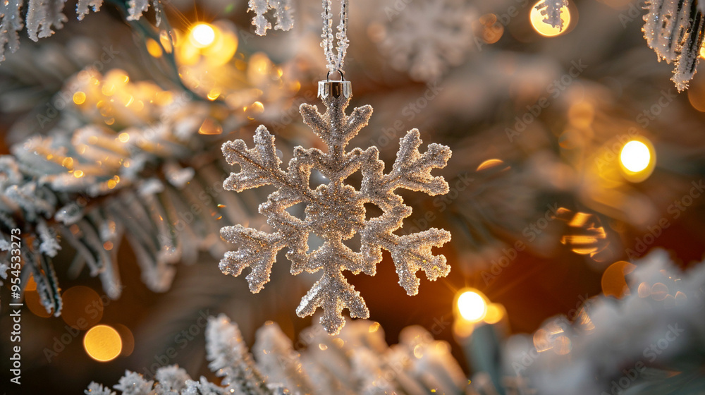 A close-up of a Christmas tree ornament shaped like a snowflake, hanging from a frosted branch, with twinkling lights in the background. A close-up of a Christmas tree ornament shaped like a snowflake, hanging from a frosted branch, with twinkling lights in the background.
