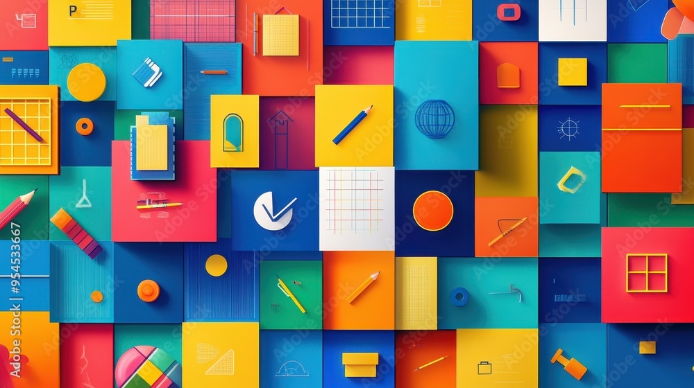 Back-to-School Grid: Vibrant Layout with Colorful Squares and School Symbols for Posters and Announcements Back-to-School Grid: Vibrant Layout with Colorful Squares and School Symbols for Posters and Announcements