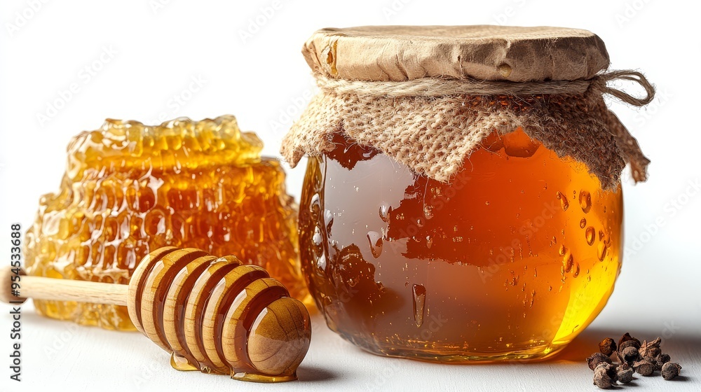 Honeycomb Honey Jar Wooden Dipper Close Up White Background Honeycomb Honey Jar Wooden Dipper Close Up White Background
