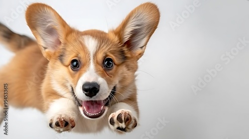 Corgi Puppy Joyfully Jumping with All Four Paws Off the Ground