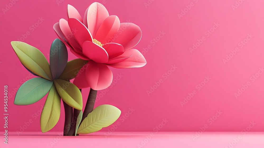 A beautiful pink flower with leafy greens set against a vibrant pink background, perfect for adding a touch of color. A beautiful pink flower with leafy greens set against a vibrant pink background, perfect for adding a touch of color.