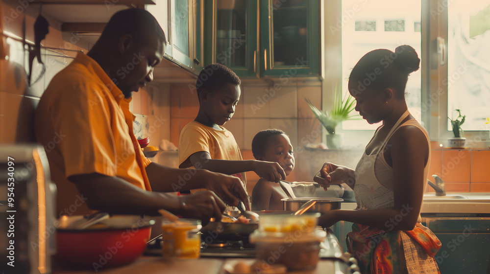 A family cooking together in the kitchen preparing a meal and sharing tasks. A family cooking together in the kitchen preparing a meal and sharing tasks.
