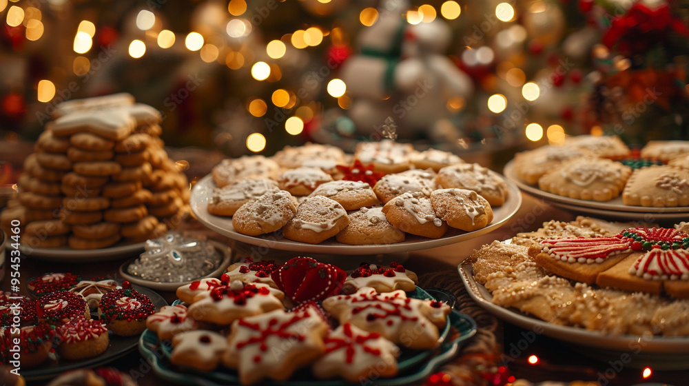 A festive cookie exchange scene with a variety of Christmas cookies on display, each plate featuring different shapes and decorations, with holiday lights in the background. A festive cookie exchange scene with a variety of Christmas cookies on display, each plate featuring different shapes and decorations, with holiday lights in the background.