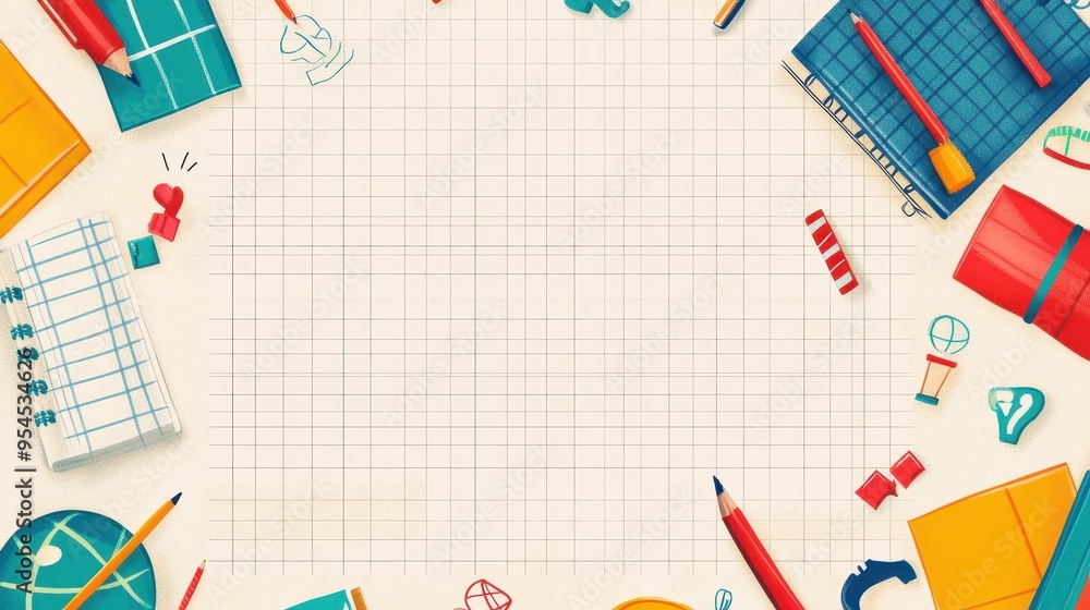 Vibrant Back-to-School Poster Template with Bold Grid Pattern and School Symbols Galore for Personalized Content Vibrant Back-to-School Poster Template with Bold Grid Pattern and School Symbols Galore for Personalized Content