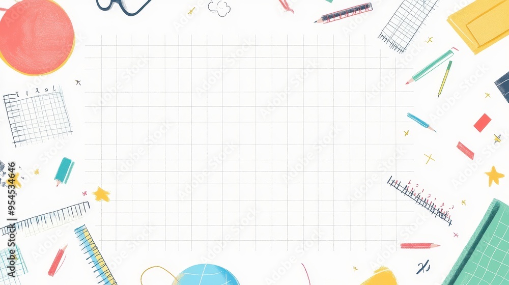 Back-to-School Grid Background with White Border and Educational Illustrations, Copy Space Included Back-to-School Grid Background with White Border and Educational Illustrations, Copy Space Included