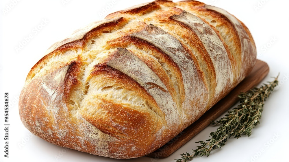 Freshly Baked Crusty Loaf of Bread on a Wooden Cutting Board with Thyme Freshly Baked Crusty Loaf of Bread on a Wooden Cutting Board with Thyme